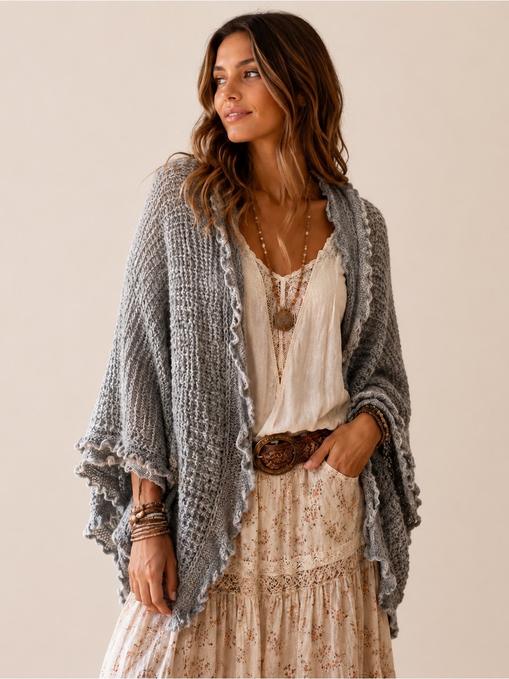 Moth Anthropologie Gray Knit Ruffle Trim Boho Shawl Wrap Cardigan Small